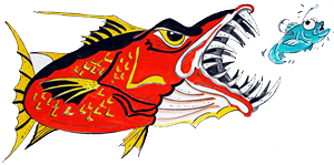 a redfish eating a bluefish for the logo for north myrtle beach fishing charters near me.