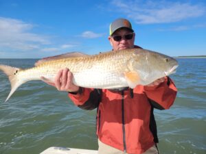 guy holding a bull red drum aka redfish on a inshore fishing charter in myrtle beach