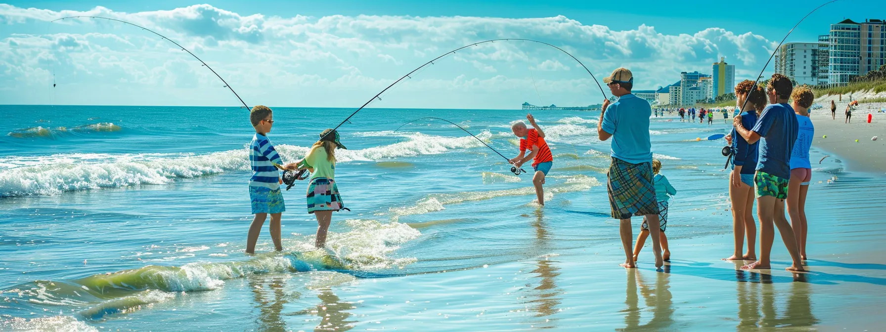 a vibrant family joyfully reeling in a colorful spanish mackerel against the picturesque backdrop of myrtle beach, with clear blue waters sparkling under the warm sun.