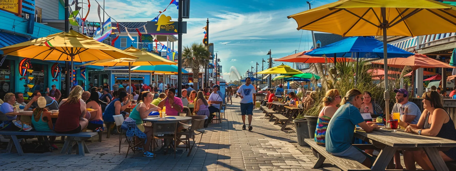 a vibrant outdoor seafood dining scene in myrtle beach, bustling with patrons enjoying fresh, colorful plates of seafood under a sun-drenched sky, showcasing the lively atmosphere of casual coastal dining.