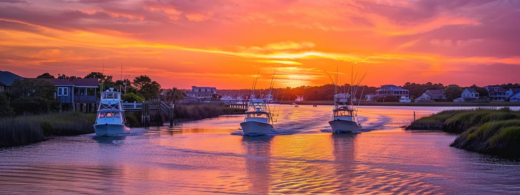 a vibrant scene of anglers reeling in gleaming sea trout against the backdrop of a picturesque myrtle beach sunset, capturing the excitement of inshore fishing charters.