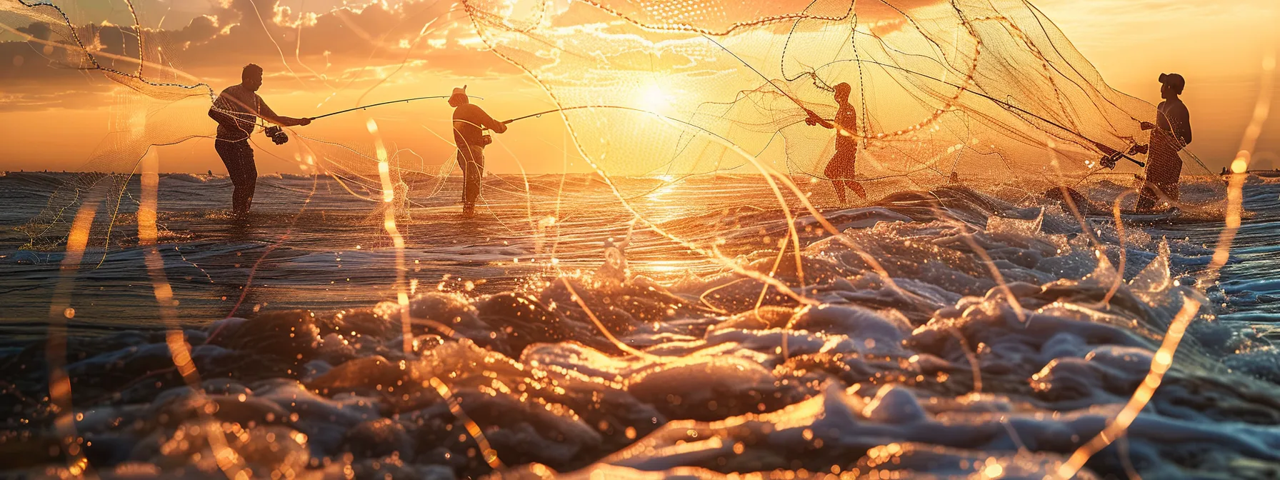 a vibrant scene of enthusiastic anglers casting nets against the picturesque backdrop of myrtle beach waters, teeming with red drum, as golden sunlight sparkles on the waves, capturing the excitement of a perfect inshore fishing adventure.