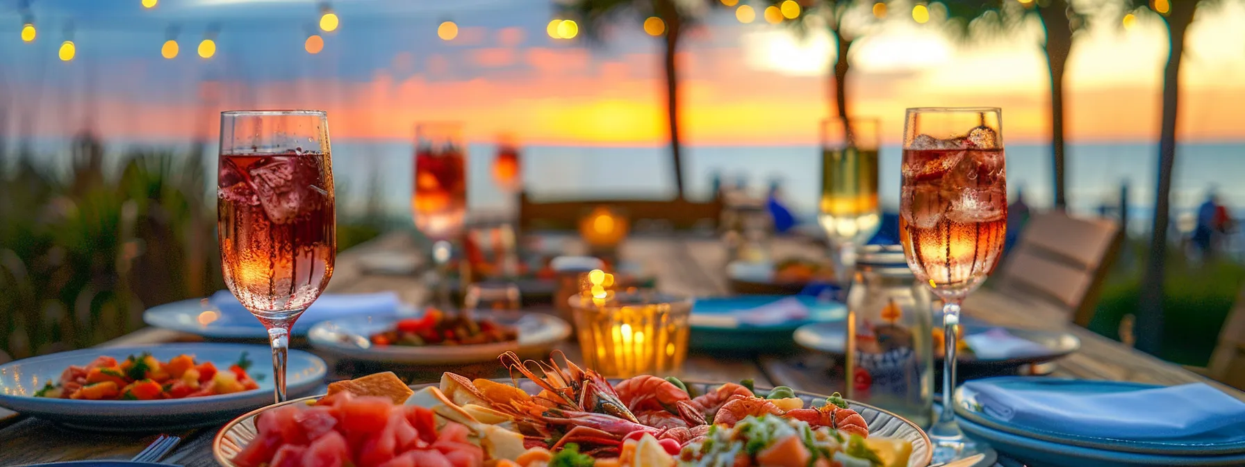 a vibrant seaside seafood dining scene at myrtle beach, featuring beautifully arranged dishes of fresh catches surrounded by colorful wine glasses, under a warm sunset glow that invites a sense of joy and culinary delight.