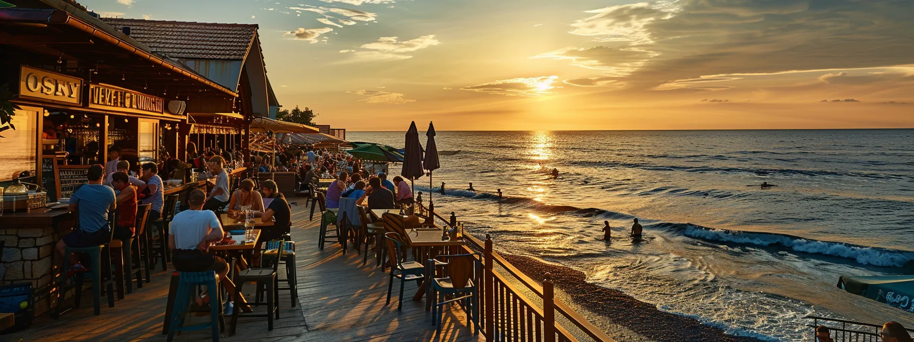 a vibrant seaside seafood restaurant showcasing a bustling outdoor dining area with patrons enjoying fresh, colorful dishes against the backdrop of a golden sunset and gentle ocean waves.