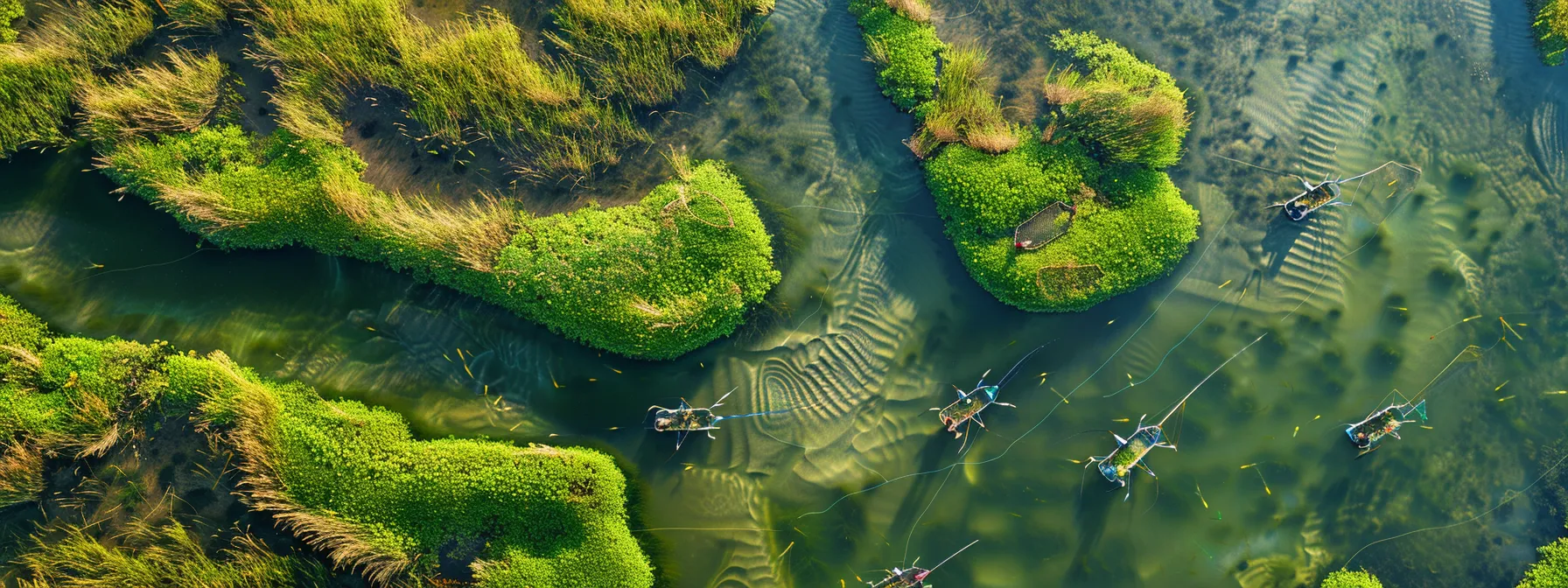 a vibrant, sunlit salt marsh near the little river teems with life, showcasing anglers casting lines amidst lush greenery, with crab traps and shimmering waves hinting at the promise of a bountiful inshore fishing adventure.