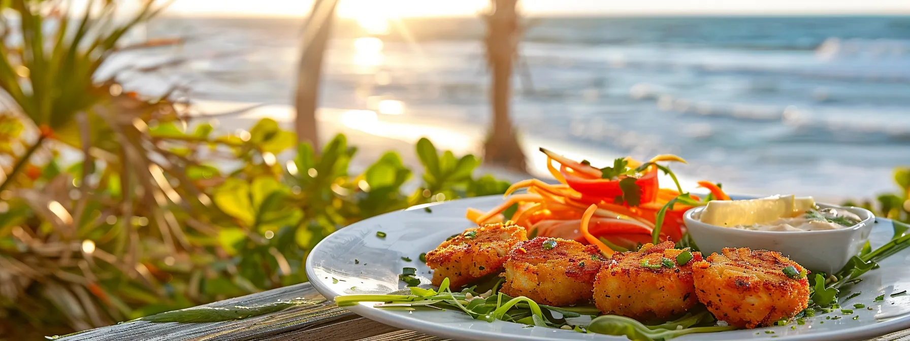 a vibrant, sunlit seafood platter featuring golden crab cakes, vibrant greens, and glistening fresh fish, beautifully arranged against the backdrop of a scenic beach, capturing the essence of myrtle beach's culinary delights.