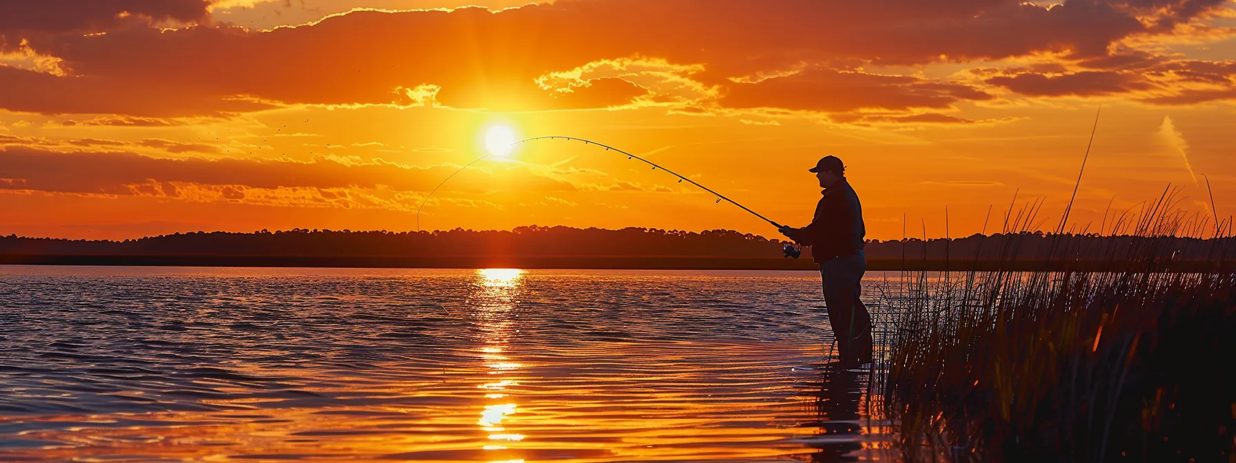 a vibrant sunset casts golden hues over the tranquil waters of myrtle beach, where a skilled angler casts a line into the shimmering estuary, anticipating a thrilling inshore fishing adventure.