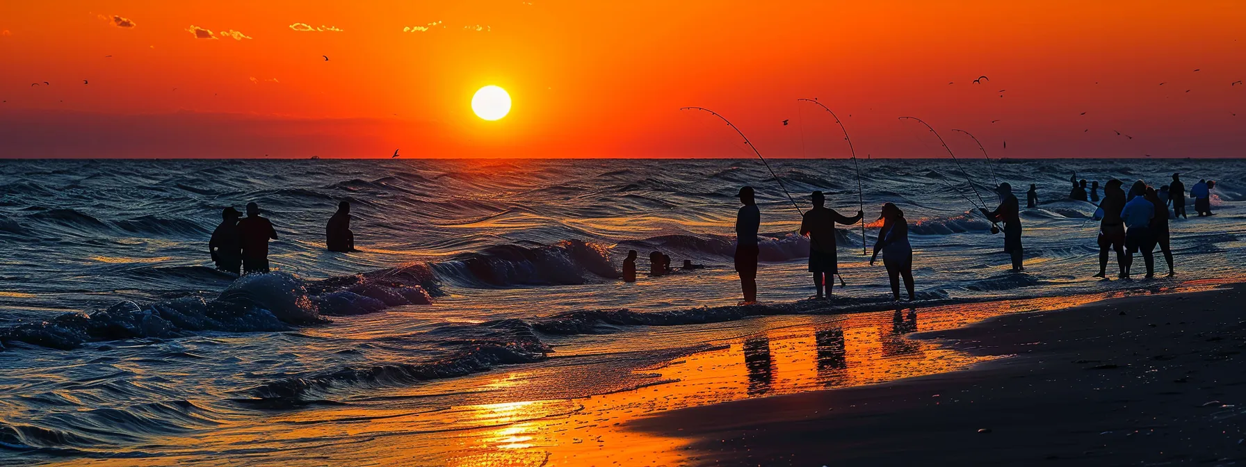 a vibrant sunset casts a golden glow over enthusiastic anglers reeling in impressive black sea fish, with the tranquil waters of myrtle beach teeming with colorful marine life surrounding them.