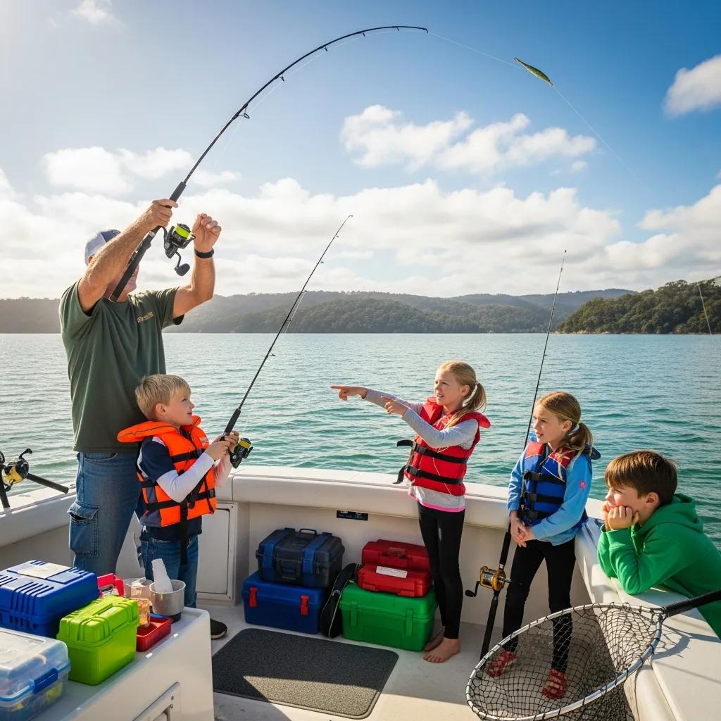Captain teaching children fishing techniques on a family-friendly charter boat