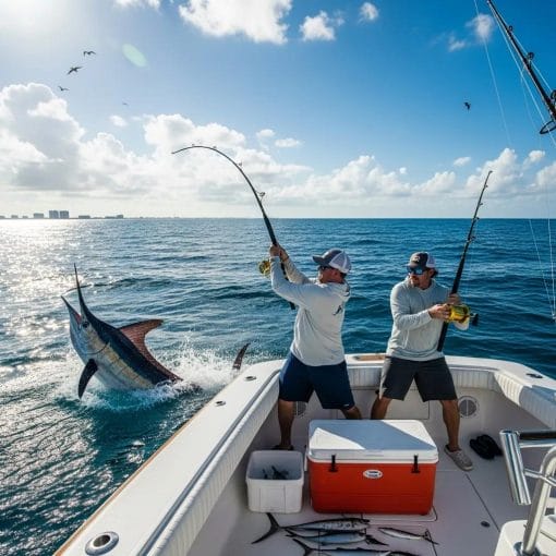 Deep sea fishing in Myrtle Beach with anglers catching a marlin