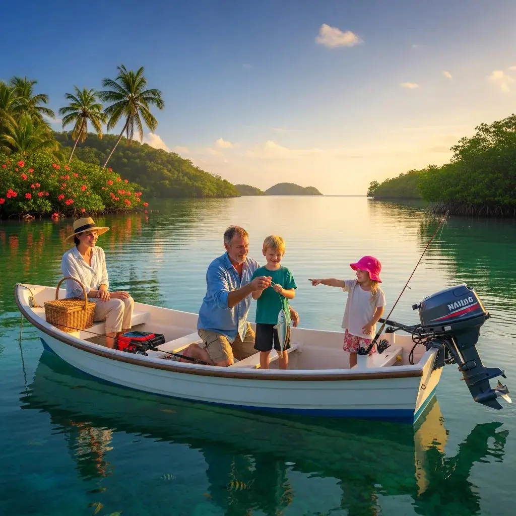 Family enjoying inshore fishing with children catching small fish in calm waters