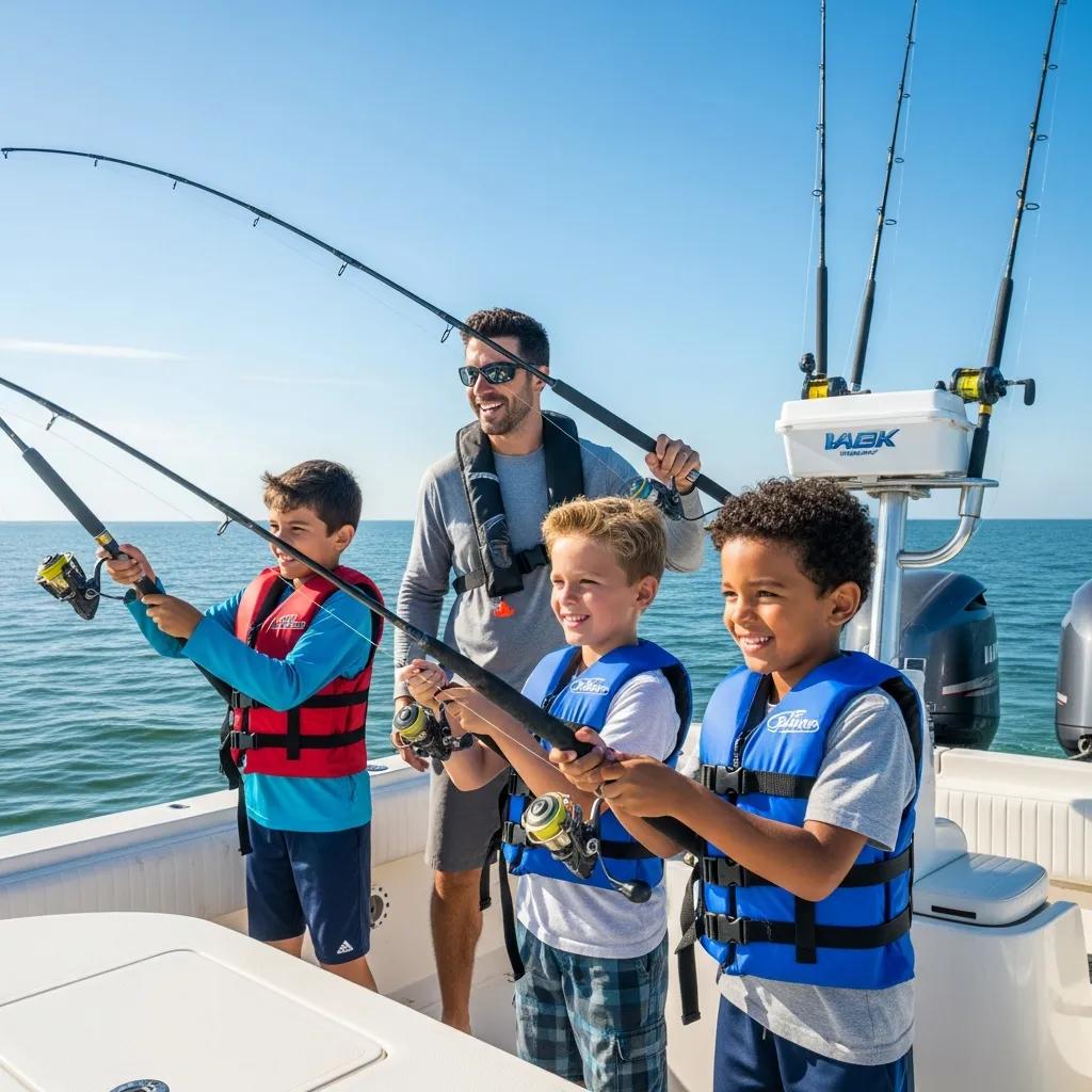Family fishing charter in Myrtle Beach with children and parents enjoying a safe and fun fishing experience