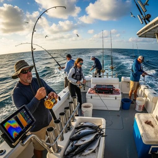 Anglers practicing trolling, bottom fishing, and live baiting techniques on a deep sea fishing charter