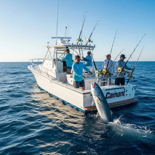 Private deep sea fishing charter with happy anglers catching fish in North Myrtle Beach