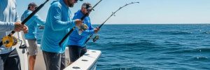 Anglers deep-sea fishing off Myrtle Beach with rods bent and fish splashing in the ocean