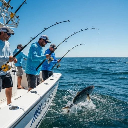 Anglers deep-sea fishing off Myrtle Beach with rods bent and fish splashing in the ocean