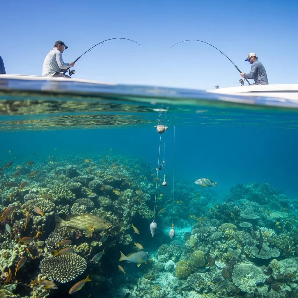 Anglers practicing bottom fishing techniques near a reef structure with visible fish