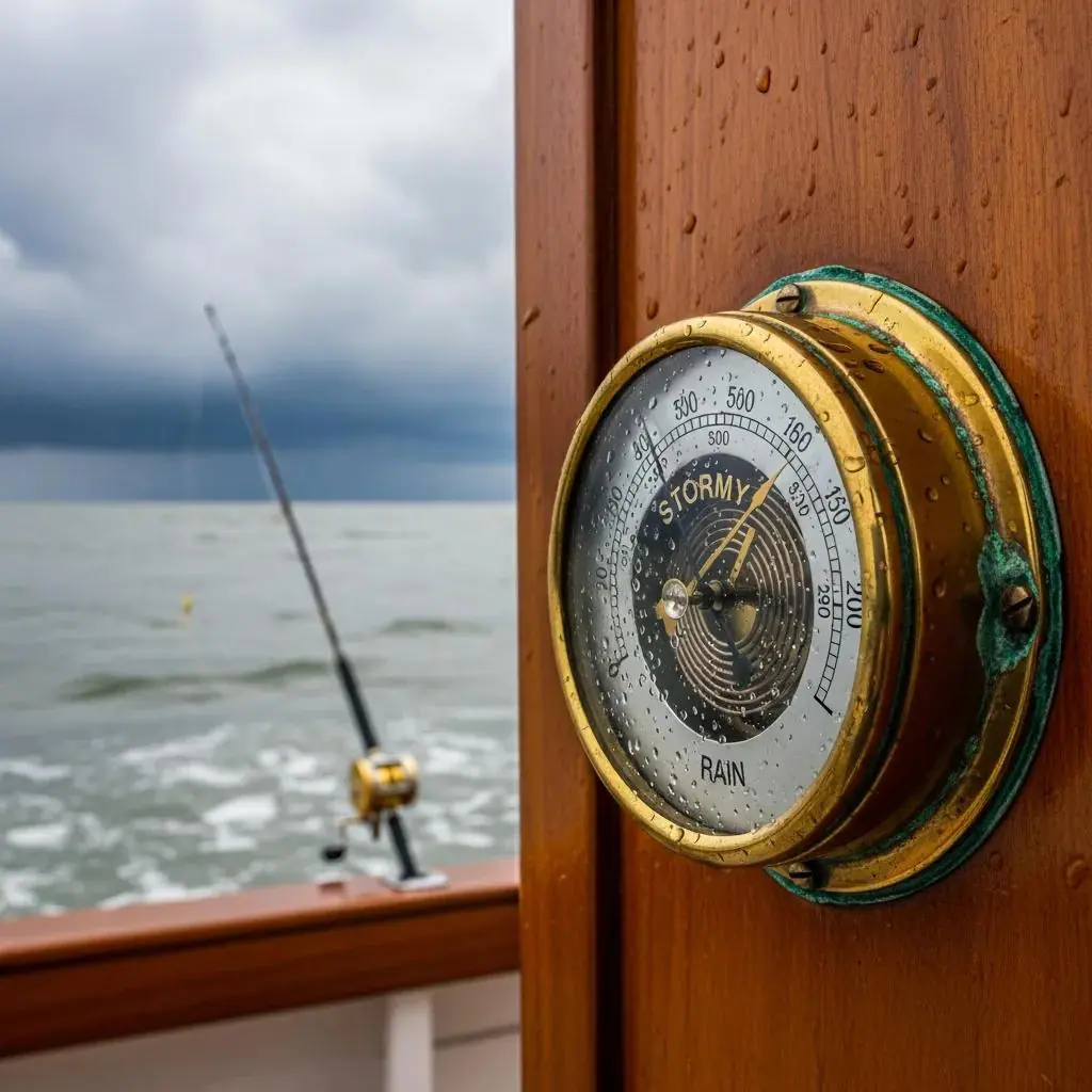Boat barometer showing pressure changes used to time fishing