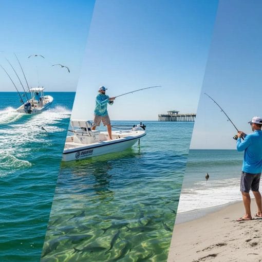 Collage showing inshore and offshore fishing techniques around Myrtle Beach