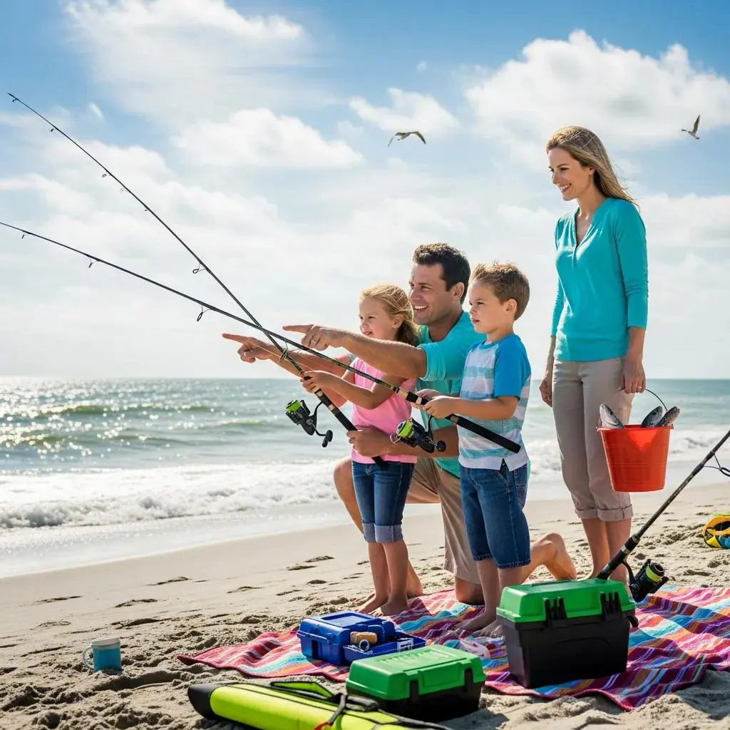 Family fishing at Myrtle Beach with ocean backdrop and fishing gear