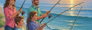 Family fishing at Myrtle Beach with scenic coastline and sunset