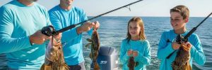 Family fishing for grouper in Myrtle Beach, highlighting the excitement of deep water fishing