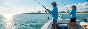 Myrtle Beach fishing scene with anglers on a boat under a clear sky