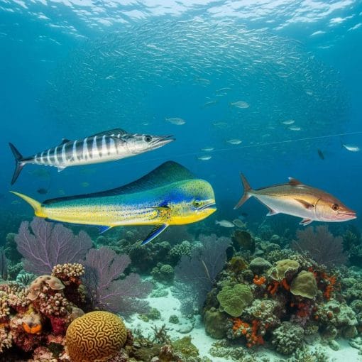 Underwater view of pelagic fish species like mahi mahi and wahoo in their natural habitat