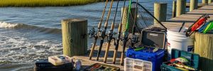 Variety of fishing gear including rods and reels on a dock in South Carolina