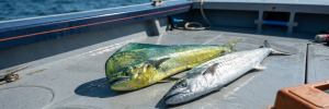 Vivid mahi-mahi and king mackerel for a seasonal fishing guide near North Myrtle Beach