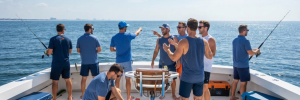 A lively group of adults on a large private charter boat off North Myrtle Beach, rods and coolers aboard on a sunny day