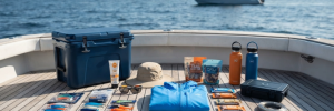 Offshore fishing charter essentials arranged on a boat deck near North Myrtle Beach — cooler, sunscreen, hat, rain jacket, water, and tackle
