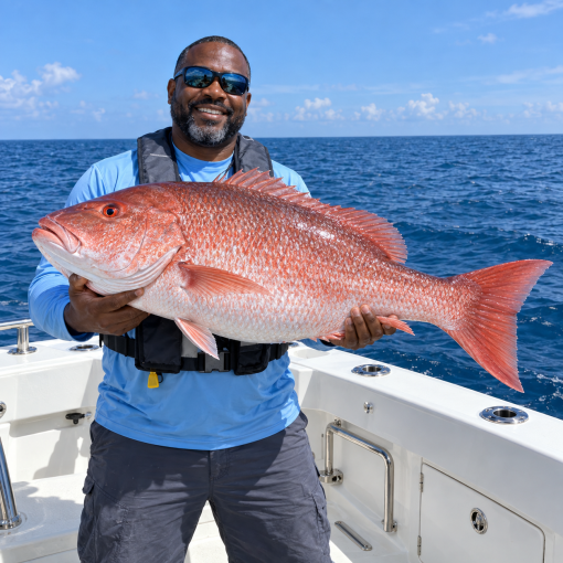 Smiling angler in a blue shirt and life vest holding a large red snapper with the ocean behind him.