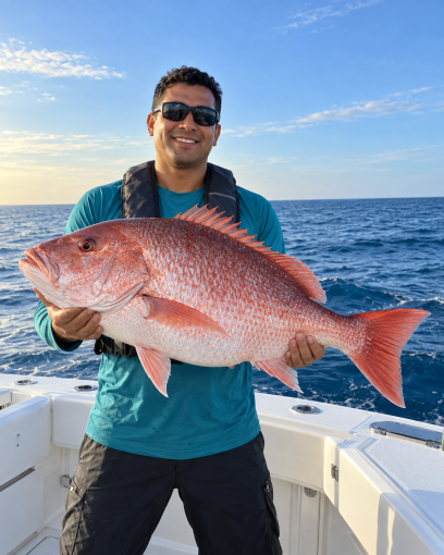 Angler in a teal shirt holding a large red snapper horizontally aboard an deep sea fishing boat.