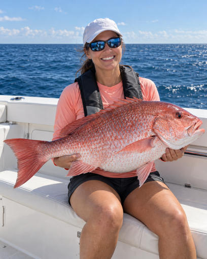 Seated woman in a coral shirt and white cap supporting a large red snapper across her lap aboard a North Myrtle Beach Fishing Charters boat.
