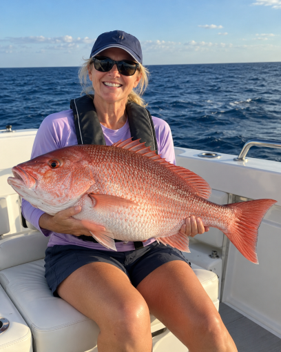 Woman in a lavender shirt and navy cap holding a large red snapper while seated on a north myrtle beach fishing charters boat.